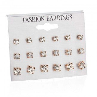 Square Rhinestone Stud Earrings - Pack of 9 Pairs Mix Design