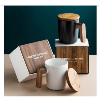 Ceramic Coffee Mug with Wooden Lid n Handle